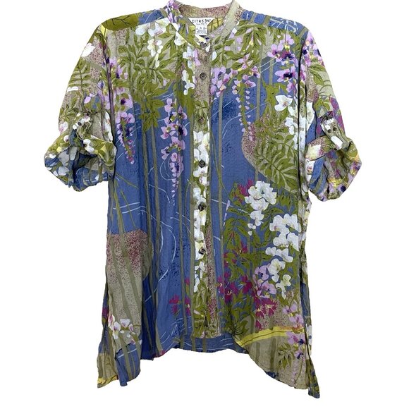 Citron Santa Monica Floral Blouse Top Shirt Small Button Front Asymmetrical Hem - Picture 1 of 11